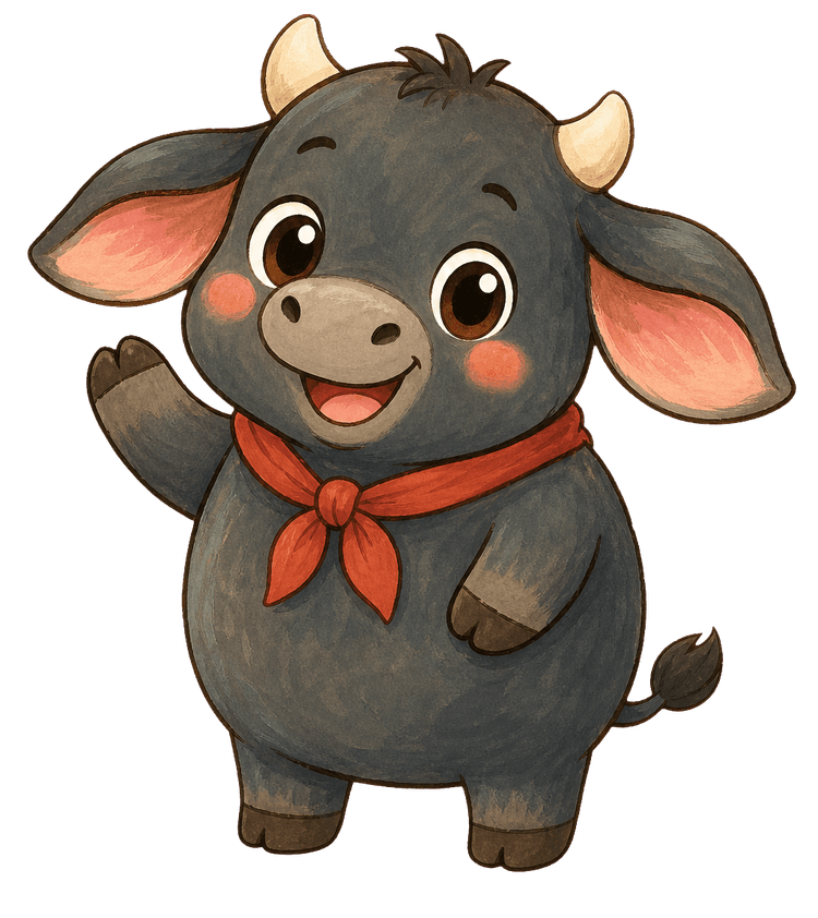 Bé Trâu, the VietBuddy buffalo mascot, waving