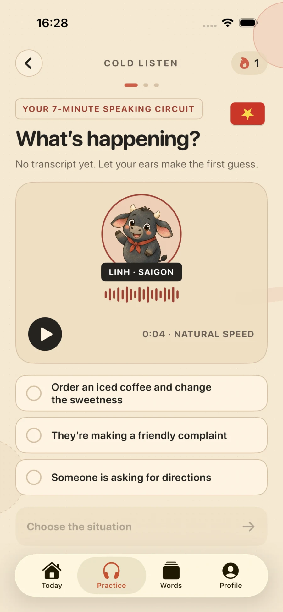 VietBuddy cold-listen exercise asking the learner to identify a spoken situation