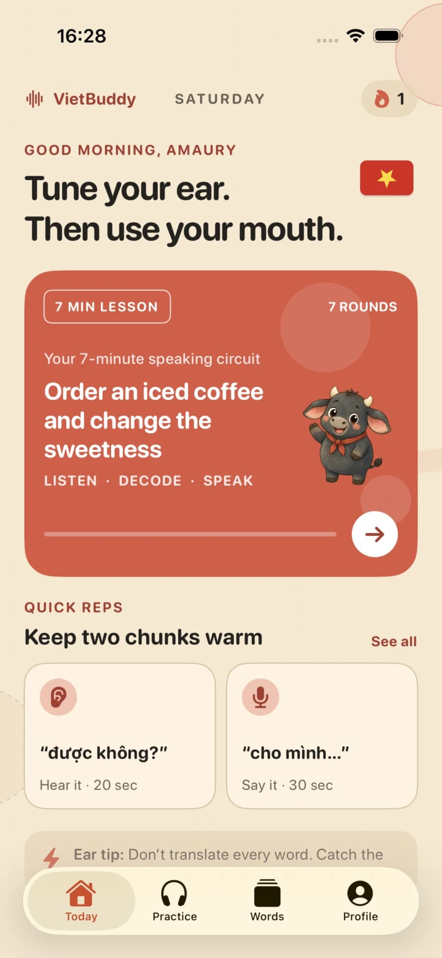 VietBuddy Today screen showing a seven-minute lesson about ordering coffee